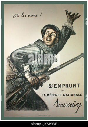 VINTAGE WW1 French propaganda poster ON LES AURA ! 1916, “Courage we shall get them”, Original French World War 1 poster designed by Jules Abel Faivre  (1867-1945) for subscription to the 2nd national defense war fund. This image became one of the most famous propaganda poster images of the great war and was so popular that it was retitled and reused for the second world by the US Army. Abel Faivre earned more individual fame by his designs than any other French poster artist during the war and this image above all became the visual patriotic mascot for the French. Stock Photo