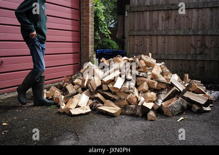 A pile of chopped fire wood logs ready for the cooler months and winter Stock Photo
