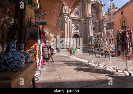 Granada, SPAIN - 16 february 2013: Main facade of Cathedral and trades in Pasiegas Square, Granada, Andalusia, Spain Stock Photo