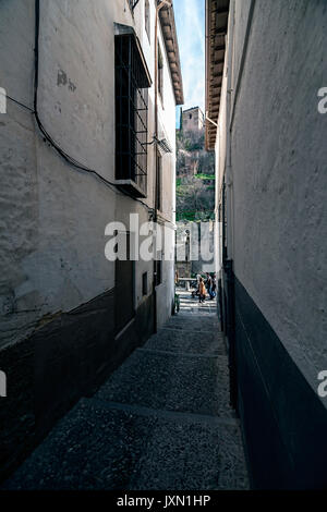 afra street, very close in the Albaicin neighborhood, in the foreground is the Torre de la Vela in Alhambra, Granada, Spain Stock Photo