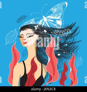 Vector beautiful portrait of a girl with foliage and butterfly on blue Stock Vector