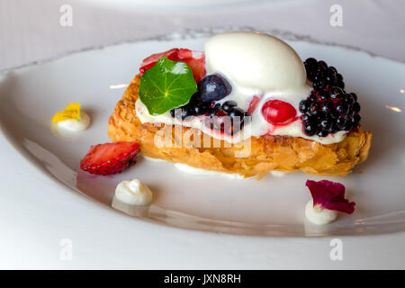 Vanilla Napoleon served in white dish Stock Photo