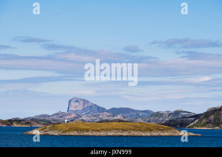 Lighthouse and Arctic Circle Monument Globe sculpture on Vikingen Island, Rødøy municipality, Nordland, Norway, Scandinavia, Europe. Stock Photo