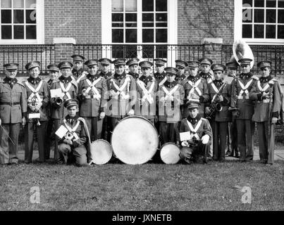 Band, Allen Francis Gates, Conrad Gebelein, Mark Robert Kulina, John H Deuber, Ken Seidel, Stanley Tocker, Richard Douglas Cox, Jackson Hall, Warren Emery Dederick, Stan Melville, Group portrait of the JHU Band, 1946. Stock Photo