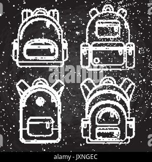 School backpacks, set of white chalk sketched backpack on black board. Back to school illustration. Stock Vector