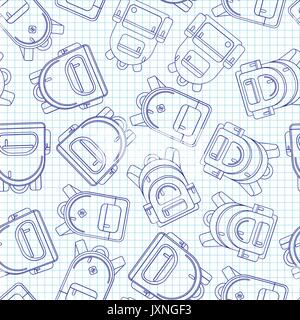 School backpack seamless background, lined backpack on white paper background. Back to school pattern. Stock Vector