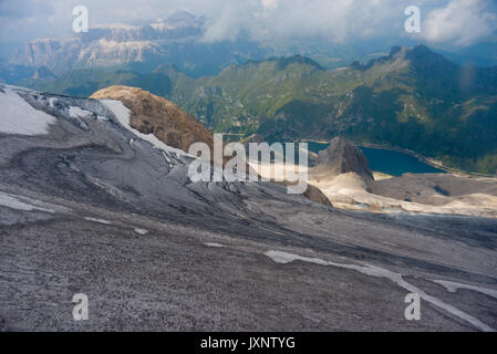 Aerial view of Marmolada glacier, Ghiacciaio della Marmolada, Marmolada, Dolomites, Melting ice Stock Photo