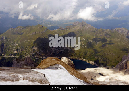 Aerial view of Marmolada glacier, Ghiacciaio della Marmolada, Marmolada, Dolomites, Melting ice Stock Photo