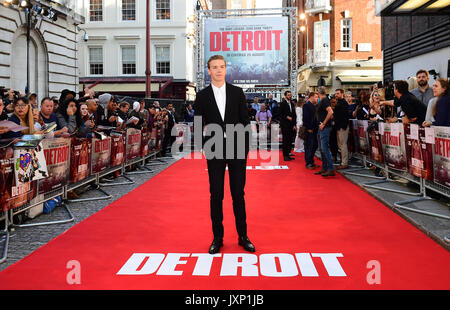 Will Poulter attending the European premiere of Detroit held at the Curzon Mayfair, London. PRESS ASSOCIATION Photo. Picture date: Wednesday August 16, 2017. See PA story SHOWBIZ Detroit. Photo credit should read: Ian West/PA Wire Stock Photo