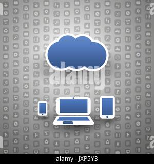 Everything Into the Global Clouds Network - Abstract Colorful Cloud Computing Concept Design with Mobile Devices, Laptop PC and Icons Vector Stock Vector