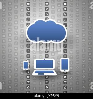 Everything Into the Global Clouds Network - Abstract Colorful Cloud Computing Concept Design with Mobile Devices, Laptop PC and Icons Vector Stock Vector