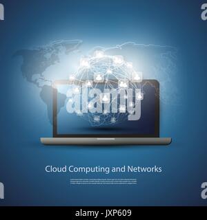 Global Connections, Networks - Blue Abstract Illustration, Cloud Computing Concept Design with World Map, Laptop PC and Connected Bubbly User Icons Stock Vector
