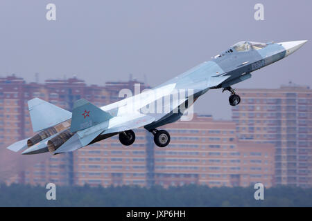Zhukovsky, Moscow Region, Russia - August 29, 2015: Sukhoi T-50 PAK-FA 054 BLUE of russian air force perfoming demonstration flight in Zhukovsky durin Stock Photo