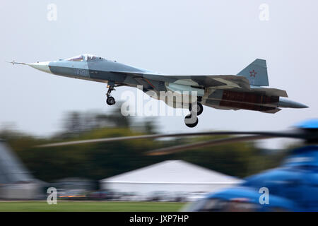 Zhukovsky, Moscow Region, Russia - August 30, 2013: Sukhoi T-50 PAK-FA 52 BLUE in Zhukovsky during MAKS-2013 Stock Photo