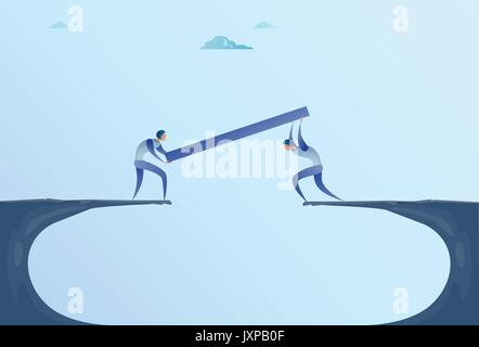 Two Businessmen Building Bridge Over Cliff Gap Mountain Business People Cooperation Help Teamwork Concept Stock Vector