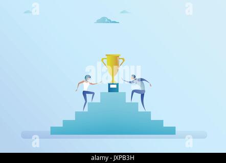 Business People Climbing Stairs Up To Golden Cup Winner Success Competition Concept Stock Vector