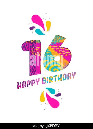Happy Birthday sixteen 16 year, fun paper cut number and text label design with colorful abstract hand drawn art. Ideal for special event poster, gree Stock Vector