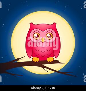 Cartoon owl perched on a twig looking at the camera with a full moon behind it, vector illustration Stock Vector