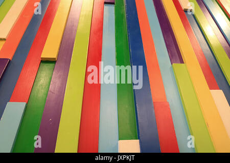 Low angle shot of multi-colored wooden wall, for background Stock Photo
