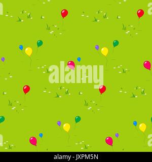 Kids seamless party background with colorful floating balloons over a green grass meadow in square format for print, wallpaper or textile, vector desi Stock Vector