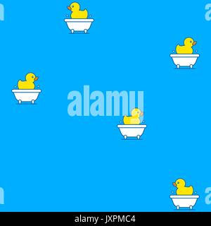 Seamless background pattern of colorful yellow rubber ducks floating in a bathtub on a blue background with repeat icons in square format Stock Vector