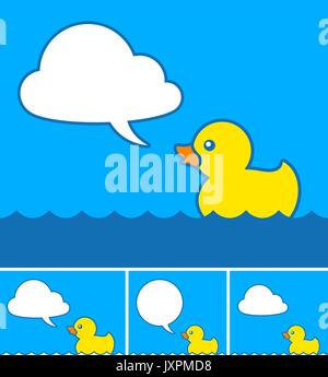 Cute little yellow cartoon rubber duck with cloud speech bubble floating on blue water with four different variations, vector illustration Stock Vector