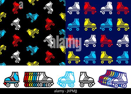 Roller skate seamless background pattern with colorful red, blue, yellow and white skate icons in two different pattern variations with a row of singl Stock Vector