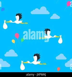 Colorful seamless backround with flying storks with baby delivery bundle Stock Vector