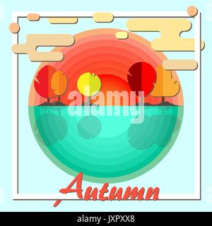 Autumn. Sunset and sea. Panoramic landscape. Vector illustration. Stock Vector