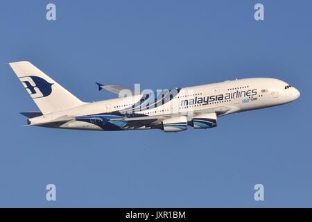 100th A380 - MALAYSIA AIRLINES AIRBUS A380-800 9M-MNF. Stock Photo