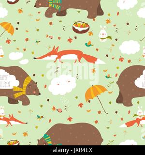Autumn forest seamless pattern with cute animals Stock Vector
