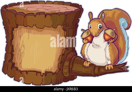 Vector cartoon clip art illustration of a wooden log with open space in the bark for custom designs. Features a squirrel on a branch with 2 acorns. Stock Vector