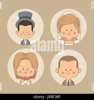 color background of set half body bride and groom in circular frame Stock Vector