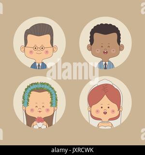 color background of set half body bride and groom with glasses and other brunette in circular frame Stock Vector