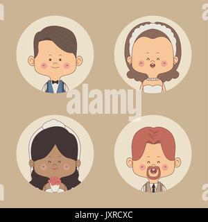 color background of set half body bride with short brown hair and other brunette and groom circular frame Stock Vector