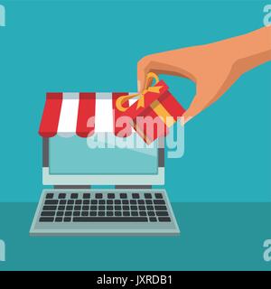 color background with laptop computer store with awning and and hand depositina a gift Stock Vector