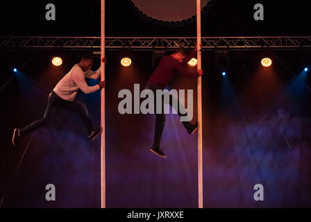 Edinburgh Fringe Festival, Edinburgh, Scotland, United Kingdom,16th August 2017. Circus Abyssinia: Ethiopian Dream performance at Underbelly Circus Hub on the Meadows, with an aerial acrobatics display Stock Photo