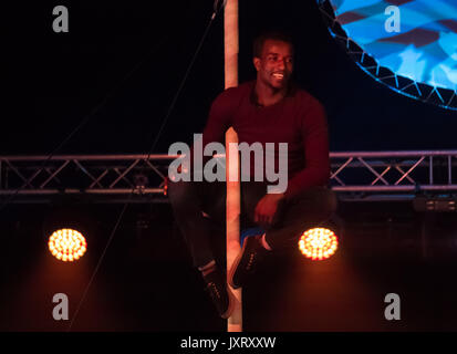 Edinburgh Fringe Festival, Edinburgh, Scotland, United Kingdom,16th August 2017. Circus Abyssinia: Ethiopian Dream performance at Underbelly Circus Hub on the Meadows, with an aerial acrobatics display Stock Photo