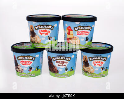 Pots of a variety of  Ben & Jerry’s Ice Cream on white background. USA Stock Photo