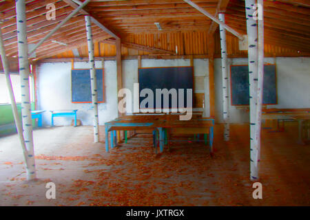 interiors of decaying industrial spaces for survival games. terrible abandoned camp in woods Stock Photo