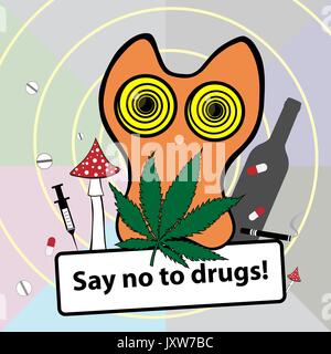 No smoking poster. Social banner about narcotic dependence. Cat vector illustration. Say no to drugs. Stock Vector