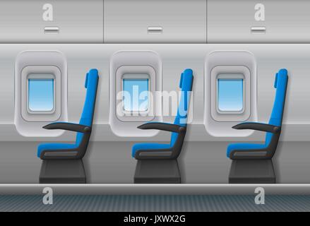 Passenger airplane vector interior. Aircraft indoor cabin with portholes and chairs seats. Vector illustration. Stock Vector