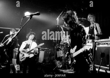 Vicki Peterson, Susanna Hoffs, Michael Steele and Debbi Peterson of The Bangles perform live on stage at Marquee Club on February 2, 1985 in London, England. Stock Photo