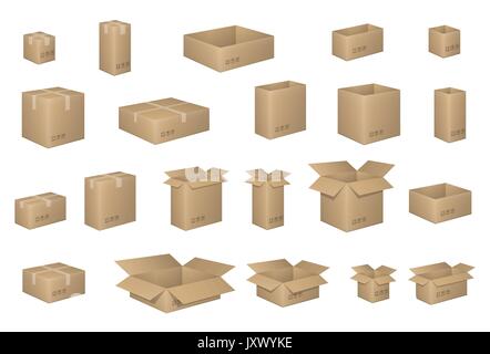 Big Set of isometric cardboard boxes isolated on white. Carton box Organized by layers. Vector illustration of packaging. Delivery packaging open and closed cardboard with fragile signs. Stock Vector
