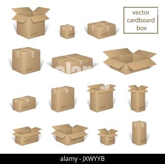 Carton delivery packaging open and closed box, with fragile signs set. Brown box collection, cardboard container isolated on white. vector illustration Stock Vector