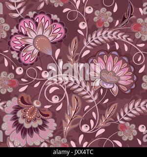 Floral pattern Flourish tiled oriental ethnic background. Purple arabic ornament with fantastic flowers and leaves. Wonderland motives of the paintings of ancient Indian fabric patterns Stock Vector