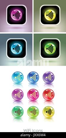 Color balls with wifi symbol app icon. Useful for wi-fi cafes, wireless internet zones, terminals, etc. Stock Vector