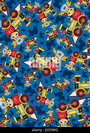 Cartoon Giraffe Driving Vintage Steam Train Pattern Stock Vector