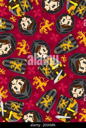 Cartoon Heraldic Medieval Crusader Knight with Sword and Shield Pattern Stock Vector