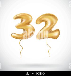 vector Golden number 32 thirty two of inflatable balloon isolated on white background art Stock Vector